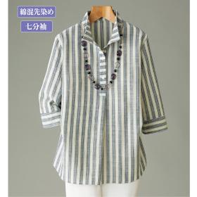綿混先染めストライプ襟付ブラウス