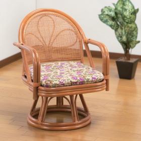 〈東京ラタン〉天然籐肘付回転チェア　ミドルタイプ